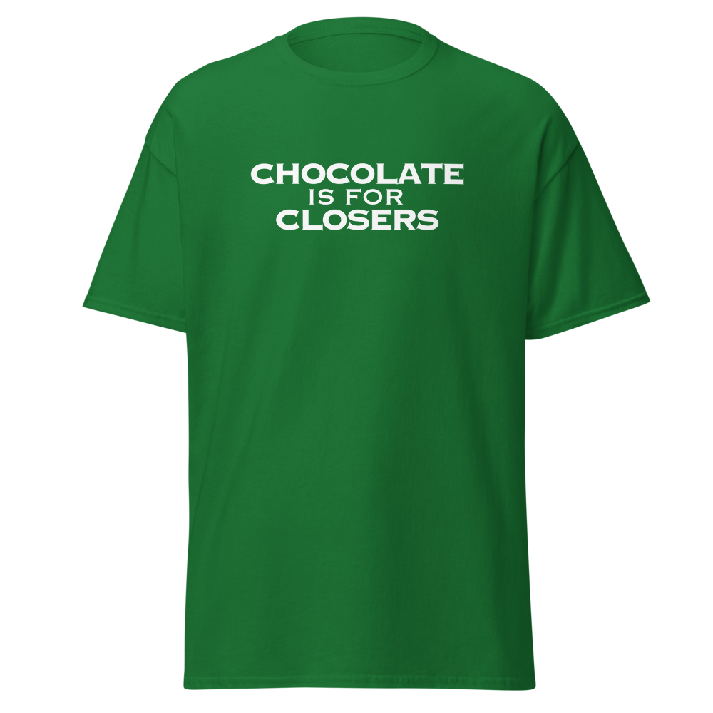 "Chocolate Is For Closers" printed on a turf green on an invisible body