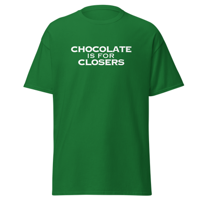 "Chocolate Is For Closers" printed on a turf green on an invisible body
