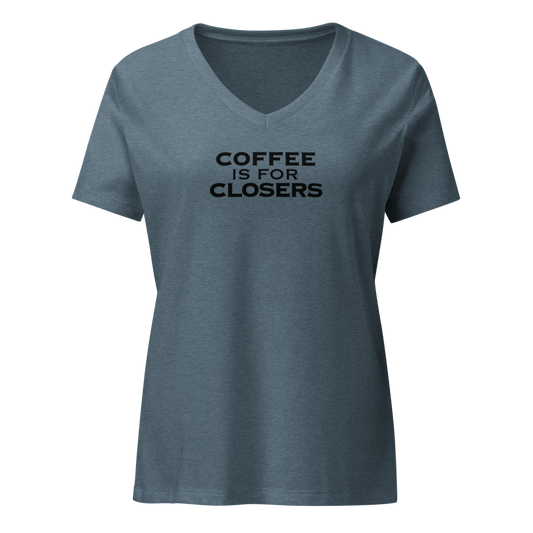 "Coffee Is For Closers" printed on a heather slate on an invisible / simulated body