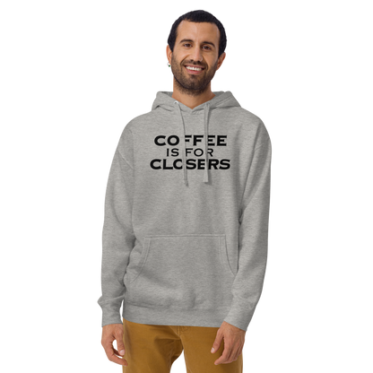 "Coffee Is For Closers" printed on a carbon grey warn by a male