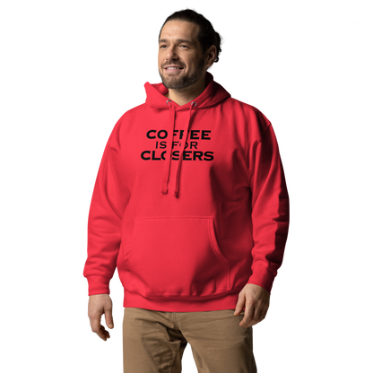 "Coffee Is For Closers" printed on a team red unisex hoodie worn by a male