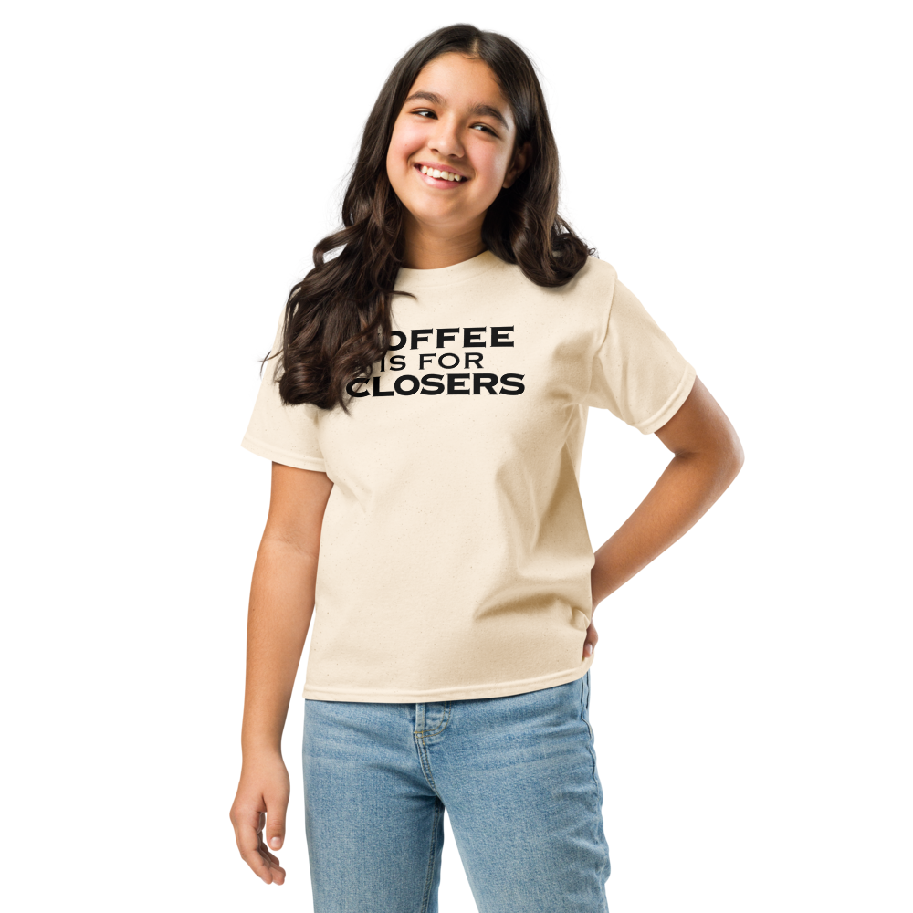 "Coffee Is For Closers" printed on a natural youth classic tee worn by a female