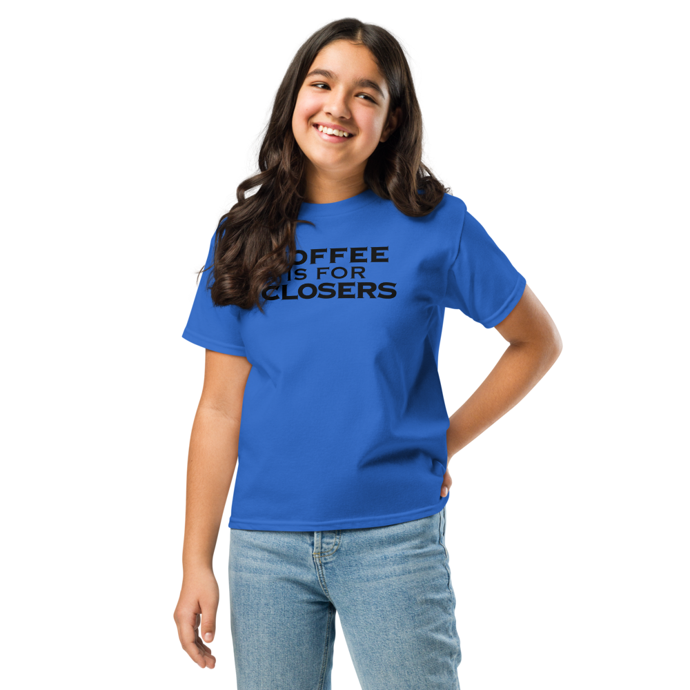 "Coffee Is For Closers" printed on a royal youth classic tee worn by a female