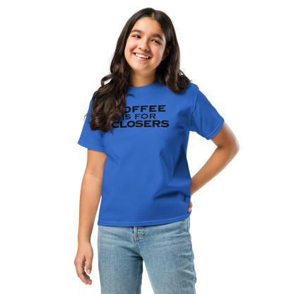 "Coffee Is For Closers" printed on a royal youth classic tee worn by a female