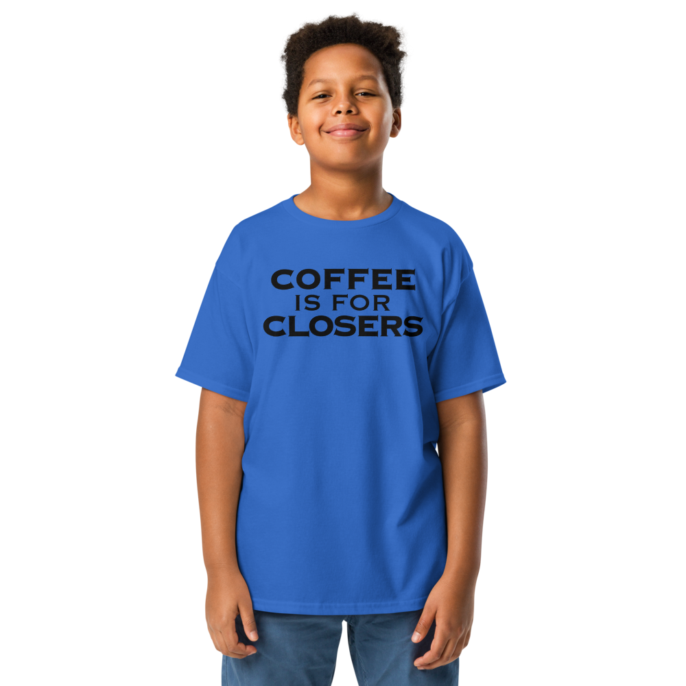 "Coffee Is For Closers" printed on a royal youth classic tee worn by a male
