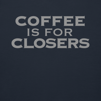 "Coffee Is For Closers" printed on a navy blazer background
