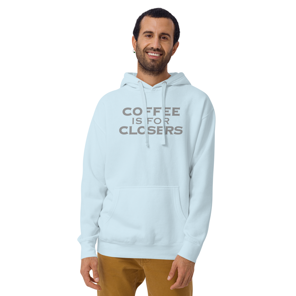 "Coffee Is For Closers" printed on a sky blue warn by a male