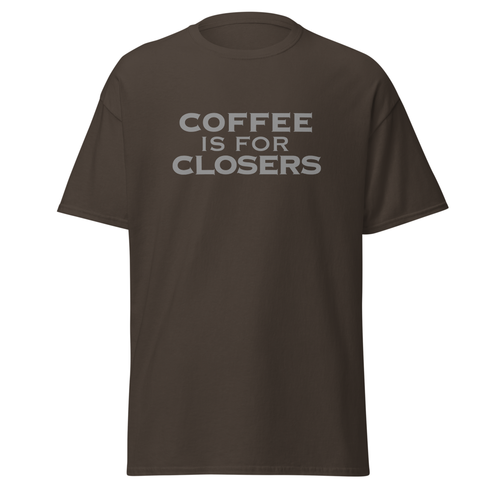 "Coffee Is For Closers" printed on a dark chocolate on an invisible body