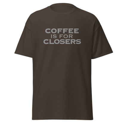 "Coffee Is For Closers" printed on a dark chocolate on an invisible body