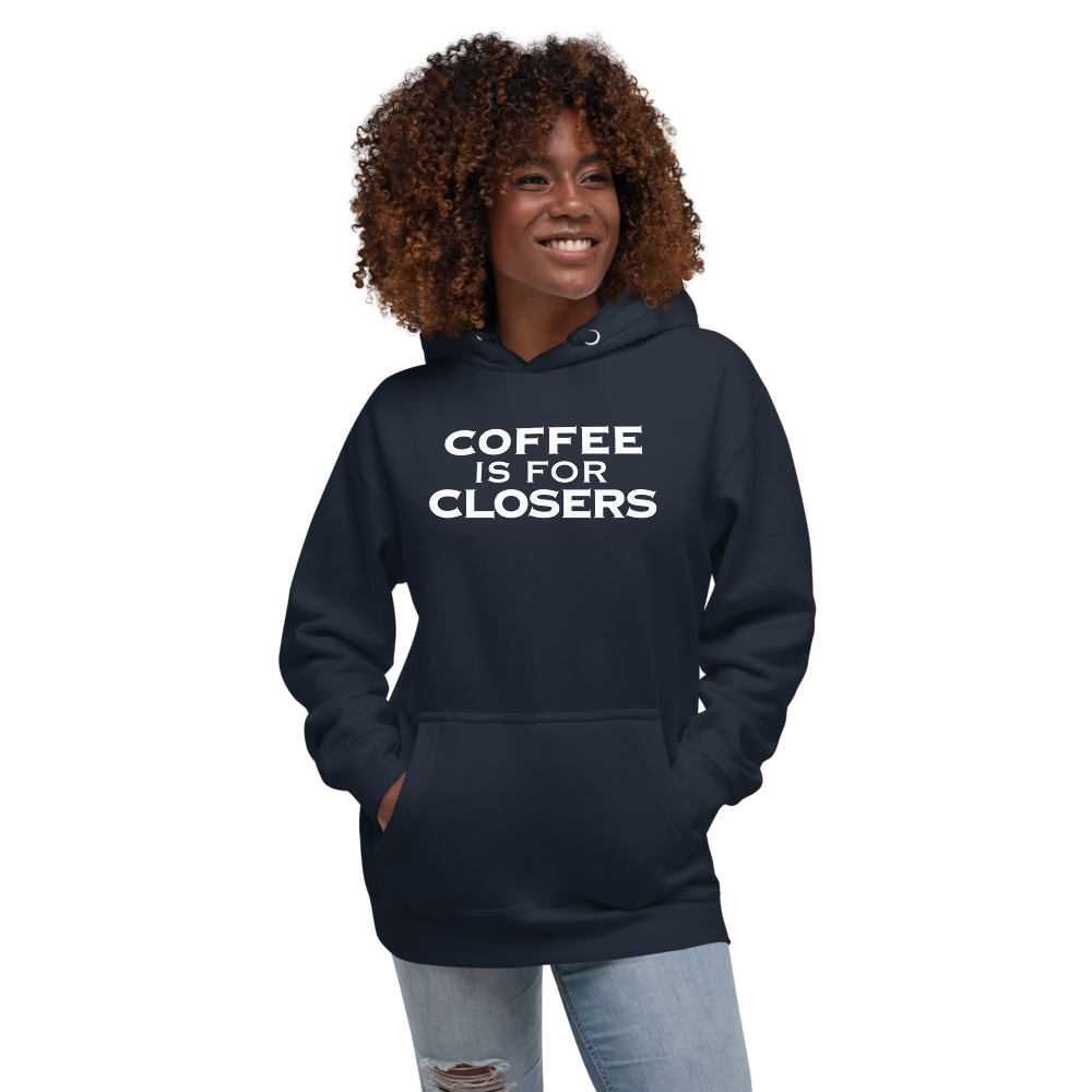 "Coffee Is For Closers" printed on a navy blazer unisex hoodie worn by a female