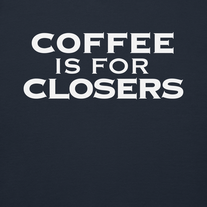 "Coffee Is For Closers" printed on a navy blazer background