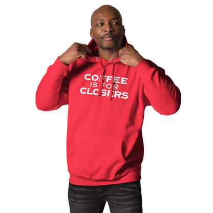 "Coffee Is For Closers" printed on a team red unisex hoodie worn by a male