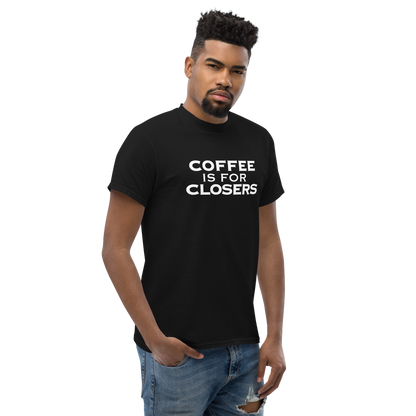 "Coffee Is For Closers" printed on a black unisex classic tee worn by a male