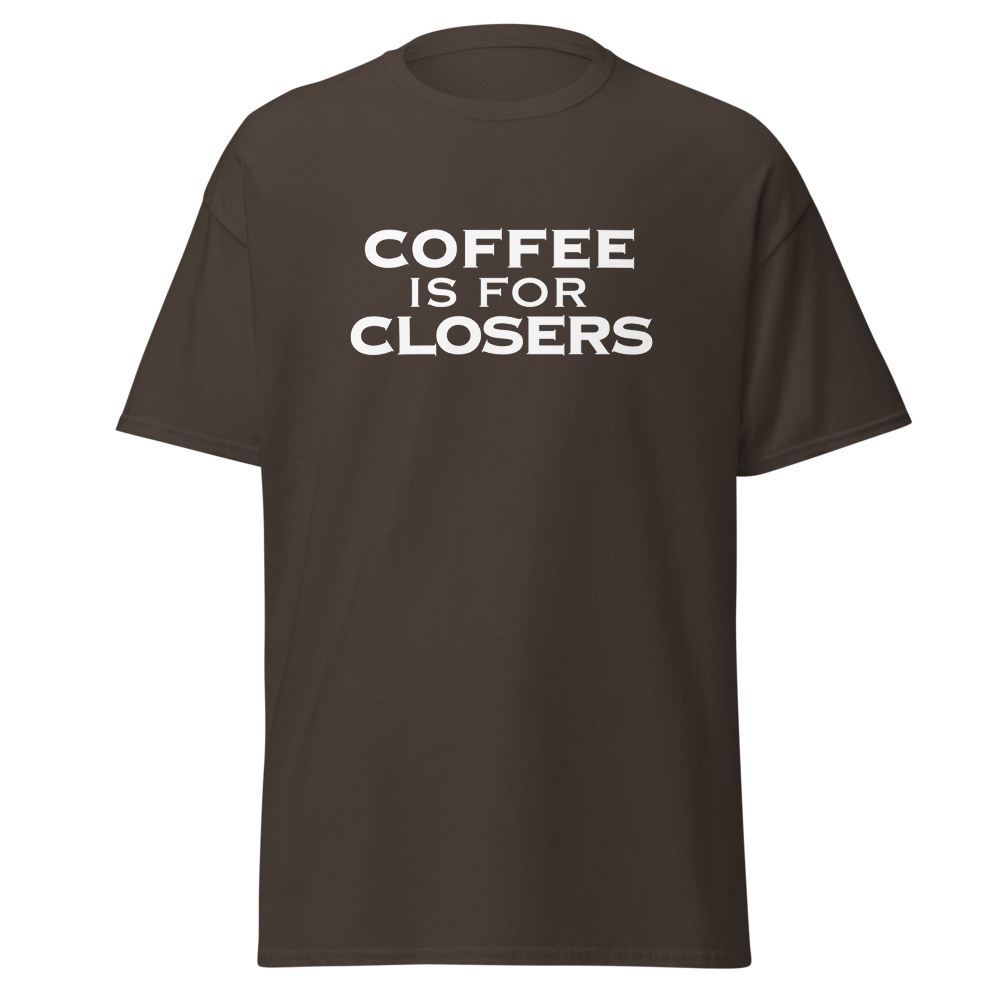 "Coffee Is For Closers" printed on a dark chocolate on an invisible body