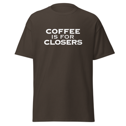 "Coffee Is For Closers" printed on a dark chocolate on an invisible body