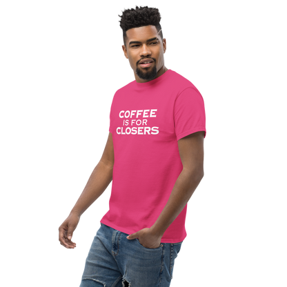 "Coffee Is For Closers" printed on a heliconia unisex classic tee worn by a male