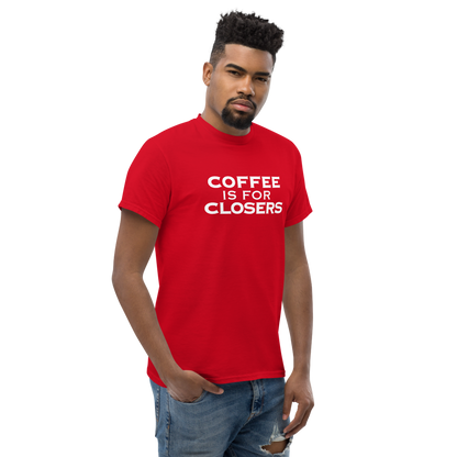 "Coffee Is For Closers" printed on a red unisex classic tee worn by a male