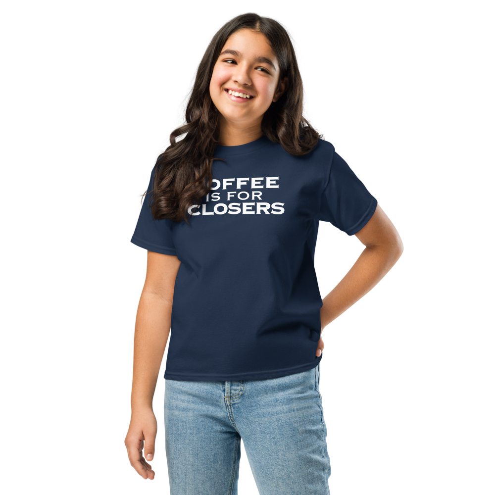 "Coffee Is For Closers" printed on a navy youth classic tee worn by a female