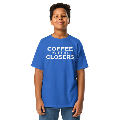 "Coffee Is For Closers" printed on a royal youth classic tee worn by a male