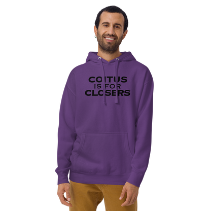 "Coitus Is For Closers" printed on a purple warn by a male