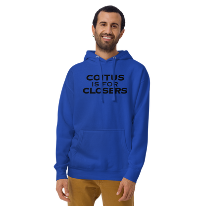 "Coitus Is For Closers" printed on a team royal warn by a male