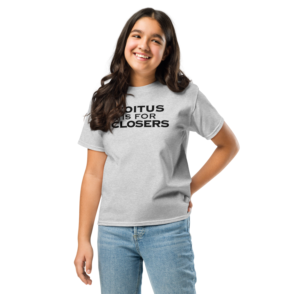 "Coitus Is For Closers" printed on a sport grey youth classic tee worn by a female