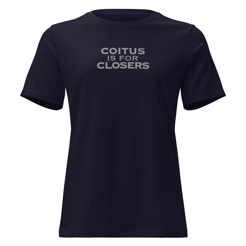 "Coitus Is For Closers" printed on a navy on an invisible / simulated body