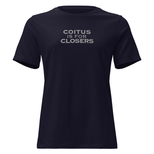 "Coitus Is For Closers" printed on a navy on an invisible / simulated body