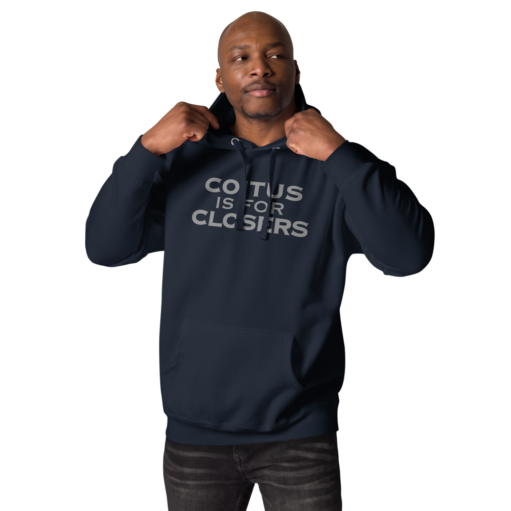"Coitus Is For Closers" printed on a navy blazer unisex hoodie worn by a male