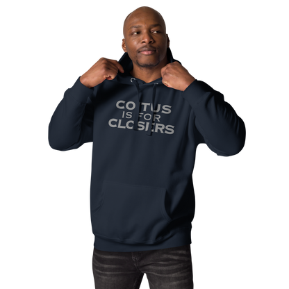 "Coitus Is For Closers" printed on a navy blazer unisex hoodie worn by a male