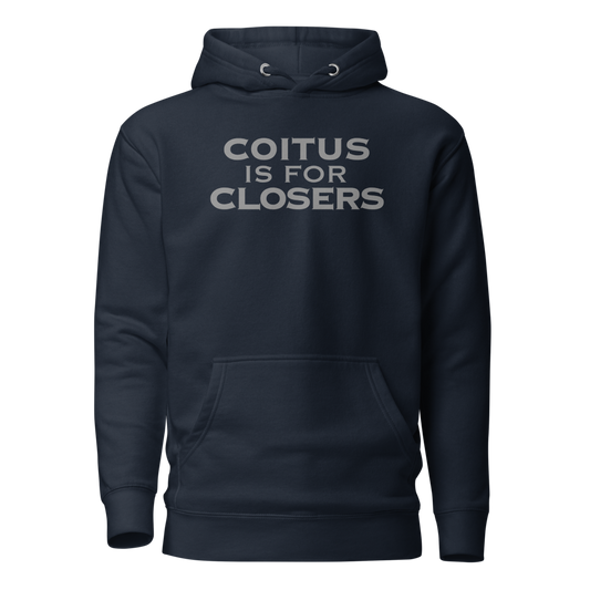 "Coitus Is For Closers" printed on a navy blazer on an invisible / simulated body