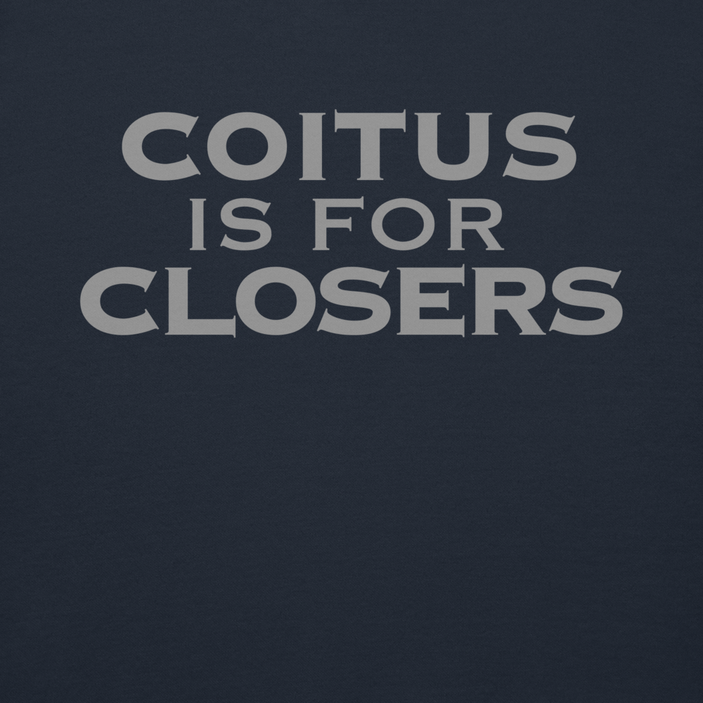 "Coitus Is For Closers" printed on a navy blazer background