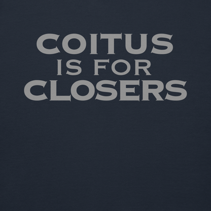 "Coitus Is For Closers" printed on a navy blazer background