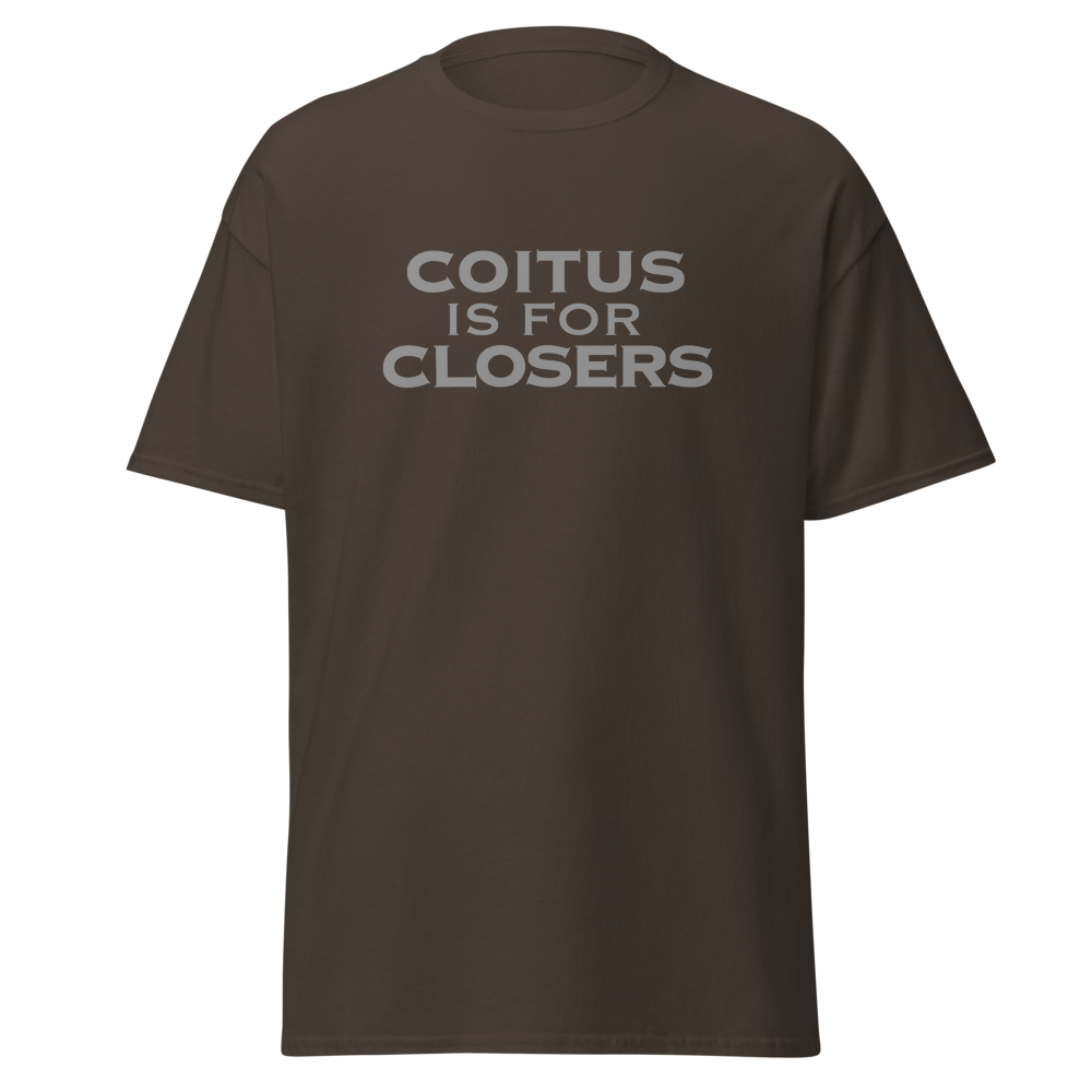 "Coitus Is For Closers" printed on a dark chocolate on an invisible body