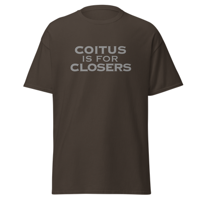 "Coitus Is For Closers" printed on a dark chocolate on an invisible body