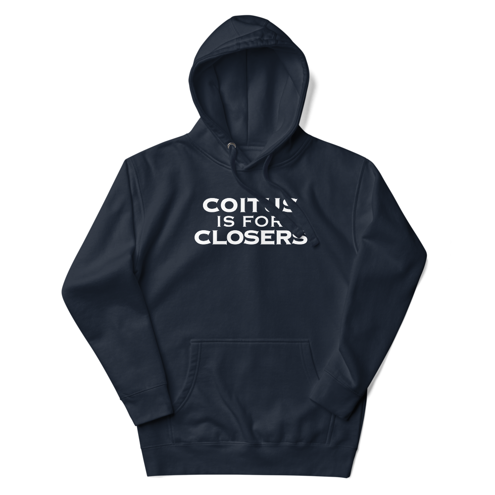 "Coitus Is For Closers" printed on a navy blazer unisex hoodie laying on a flat surface with the hood up