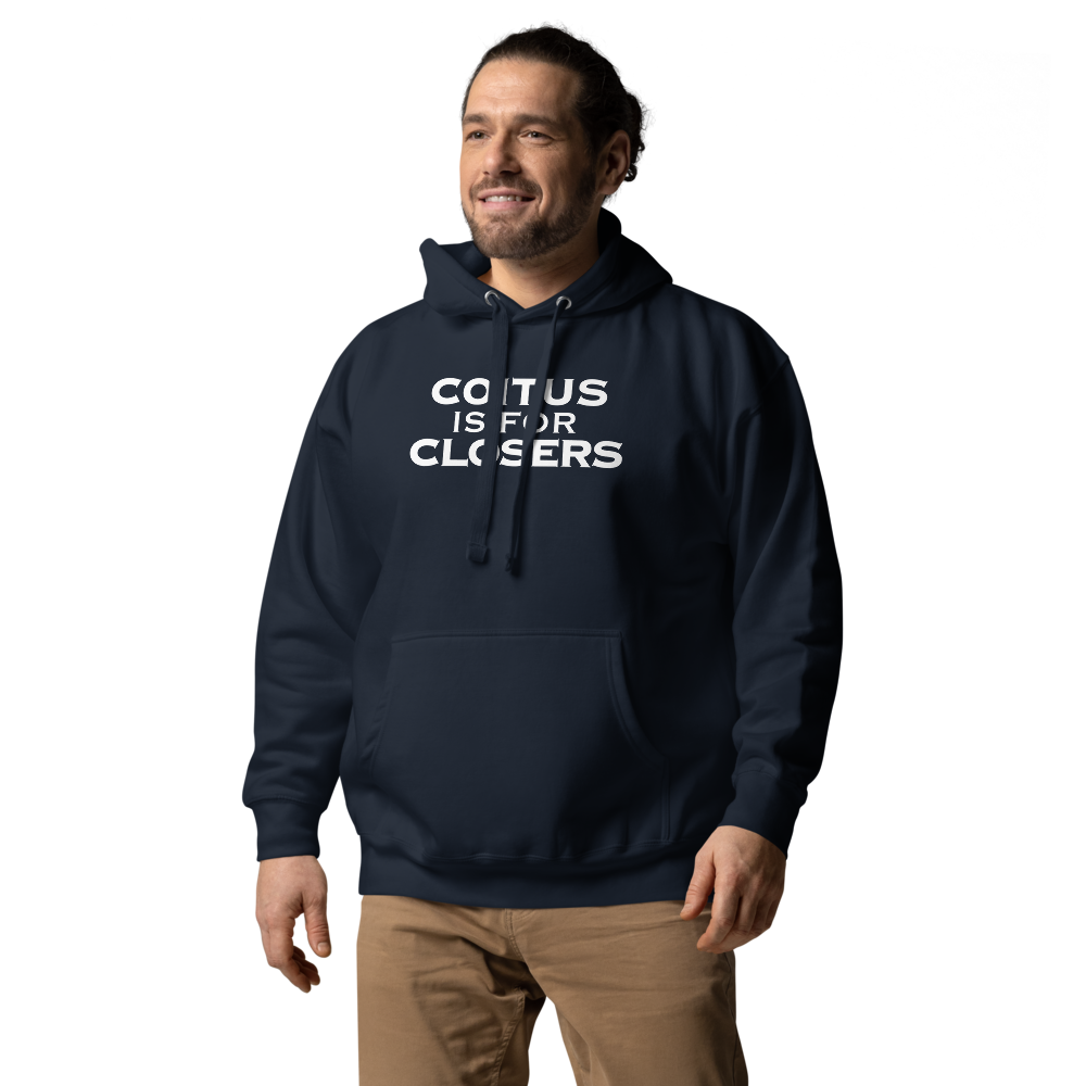 "Coitus Is For Closers" printed on a navy blazer unisex hoodie worn by a male