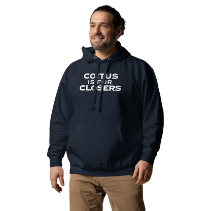 "Coitus Is For Closers" printed on a navy blazer unisex hoodie worn by a male