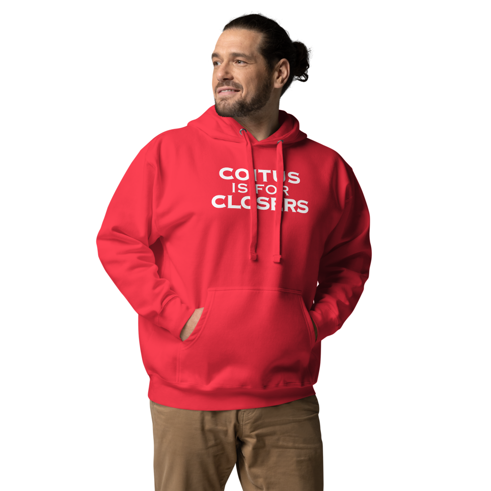 "Coitus Is For Closers" printed on a team red unisex hoodie worn by a male