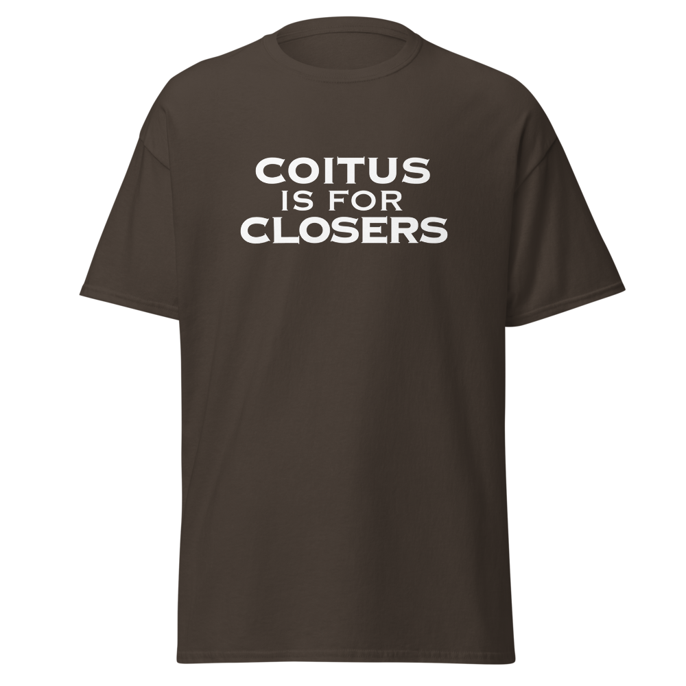 "Coitus Is For Closers" printed on a dark chocolate on an invisible body