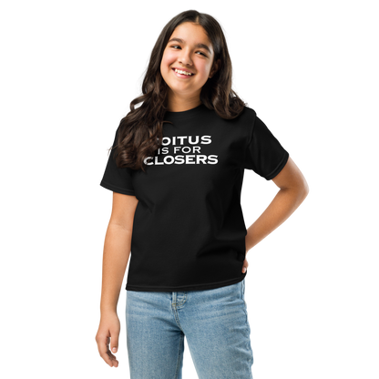 "Coitus Is For Closers" printed on a black youth classic tee worn by a female