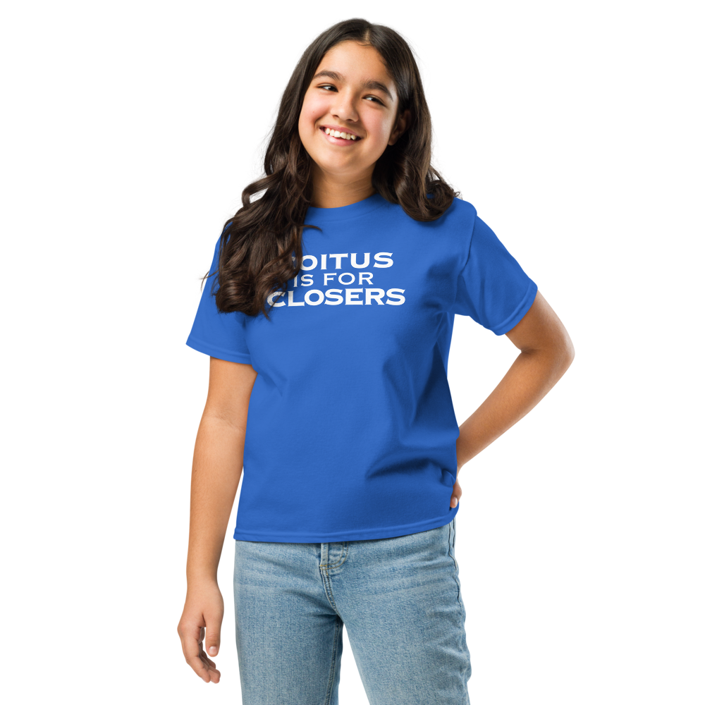 "Coitus Is For Closers" printed on a royal youth classic tee worn by a female