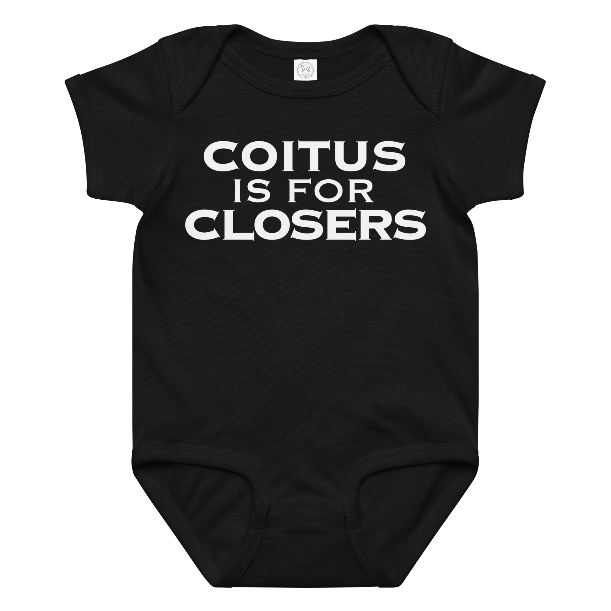"Coitus Is For Closers" printed on a black baby jersey bodysuit laying on a flat surface amongst other clothes