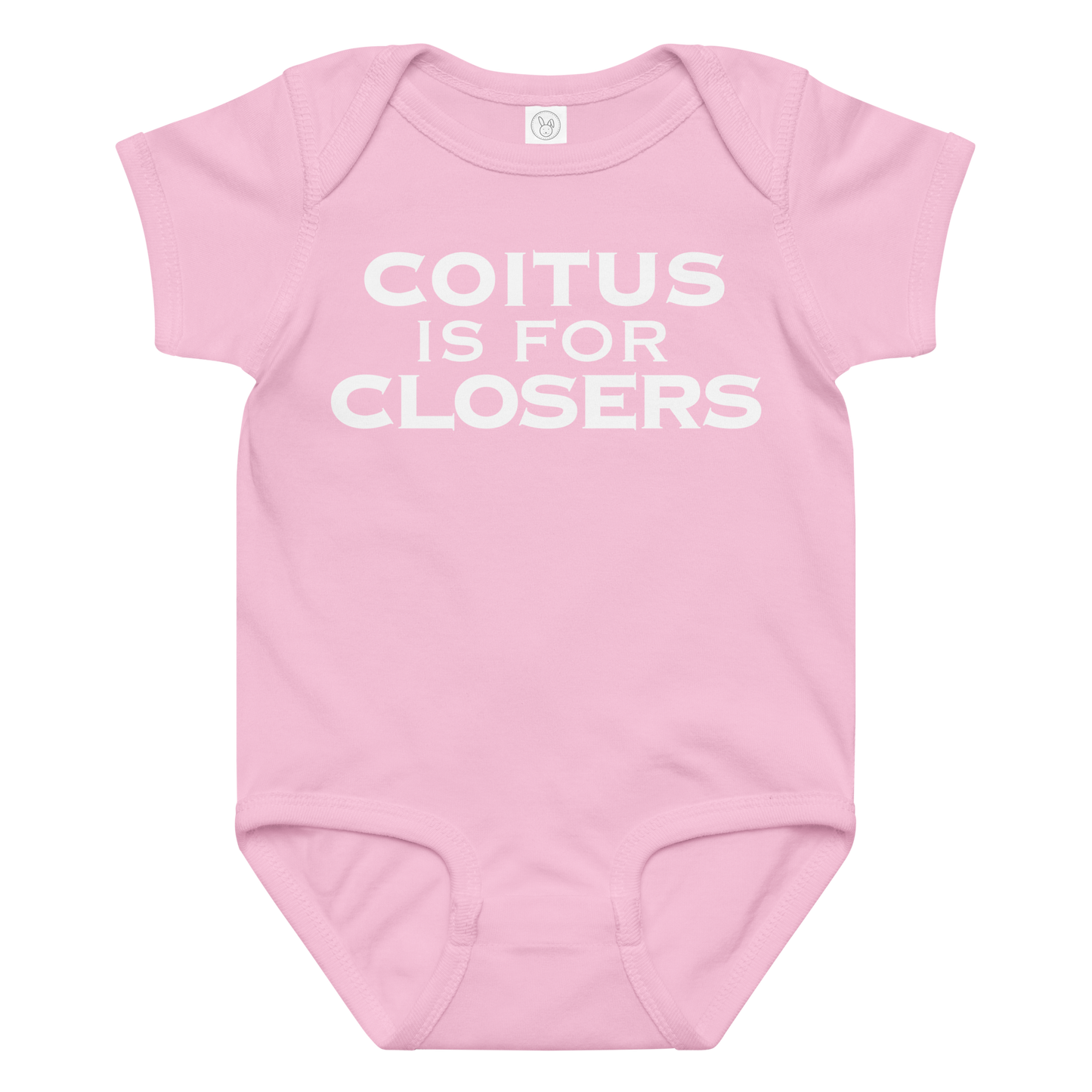 "Coitus Is For Closers" printed on a pink baby jersey bodysuit laying on a flat surface amongst other clothes