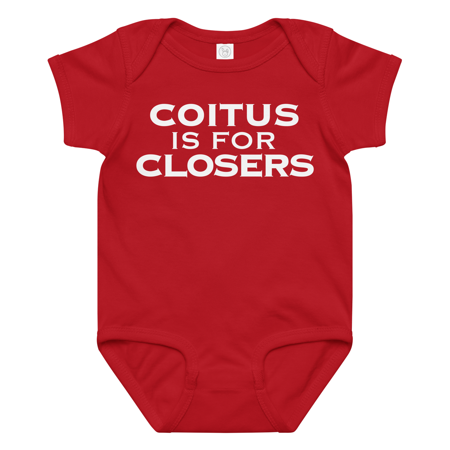 "Coitus Is For Closers" printed on a red baby jersey bodysuit laying on a flat surface amongst other clothes