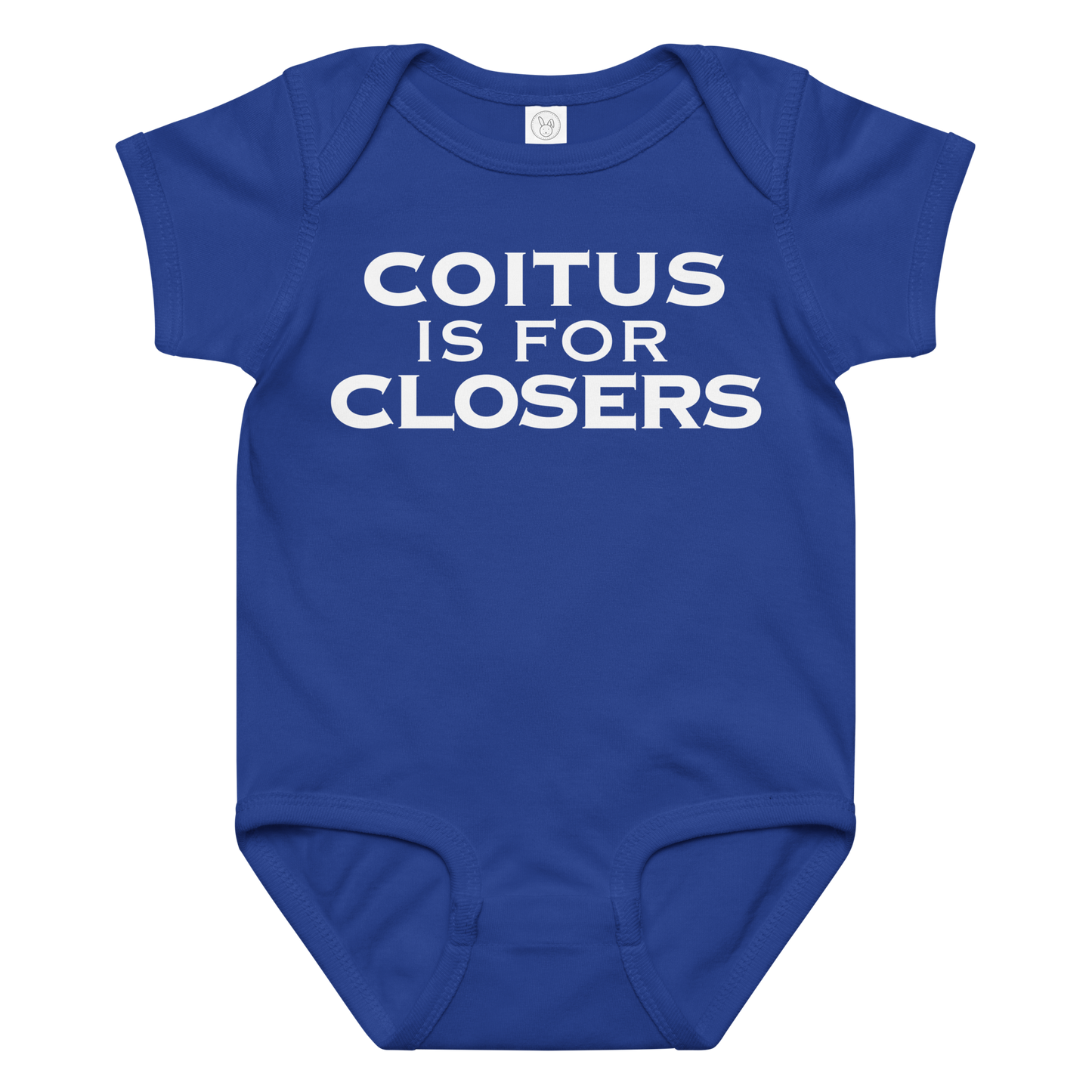 "Coitus Is For Closers" printed on a royal baby jersey bodysuit laying on a flat surface amongst other clothes
