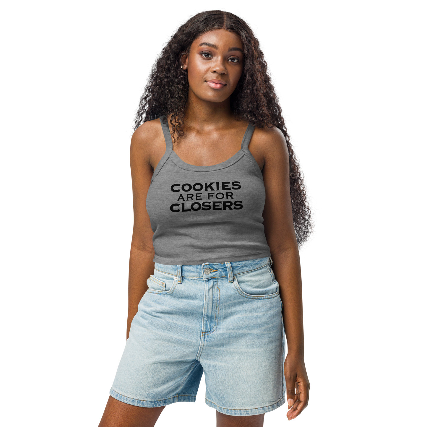"Cookies Are For Closers" printed on a athletic heather women's micro-rib tanktop worn by a female