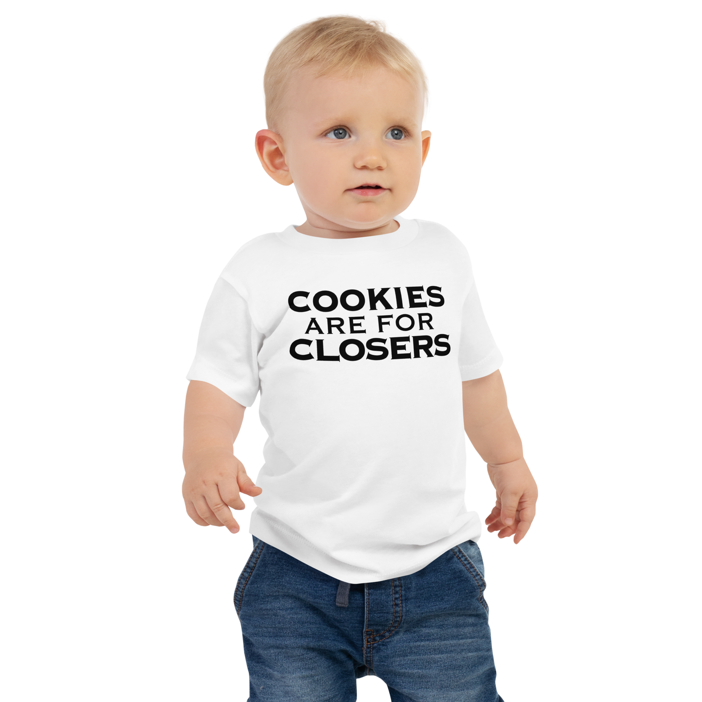 "Cookies Are For Closers" printed on a white baby jersey short sleeve tee worn by a male