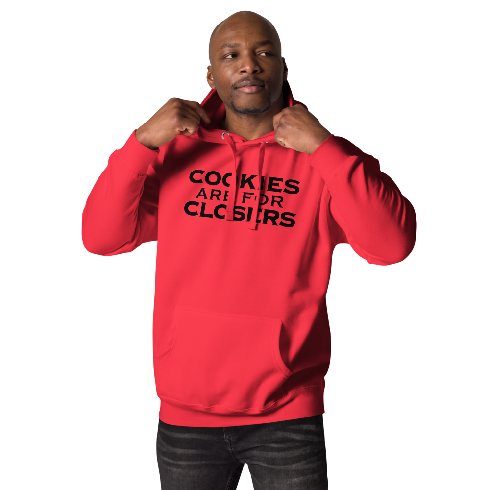 "Cookies Are For Closers" printed on a team red unisex hoodie worn by a male