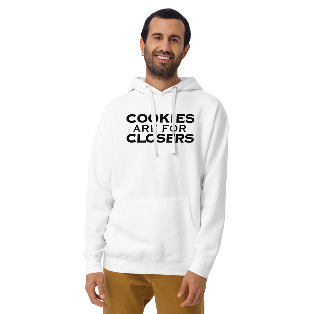 "Cookies Are For Closers" printed on a white warn by a male